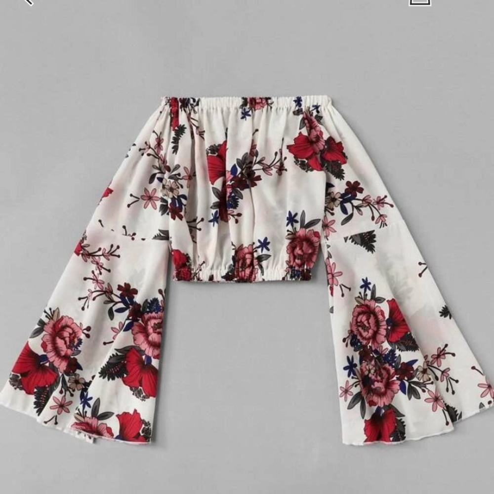 Flounce sleeve floral Bardot Crop Top